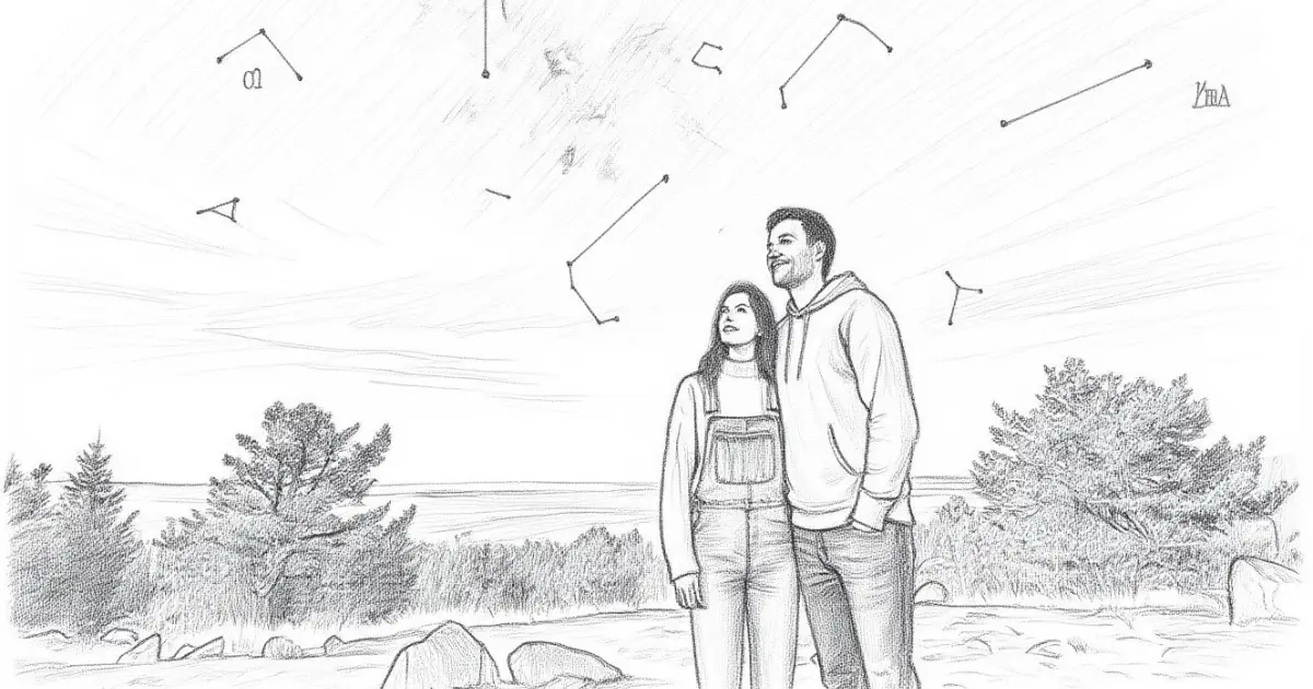 رجل وامرأة ينظران إلى السماء حيث تظهر كوكبات الأبراج والنجوم في مشهد هادئ وتأملي