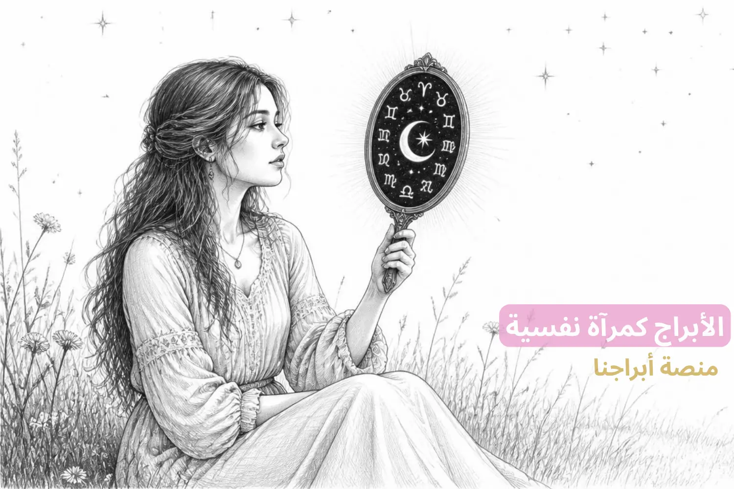 امرأة تتأمل في مرآة تعكس رموز الأبراج والقمر والنجوم — الأبراج كمرآة نفسية لفهم الذات