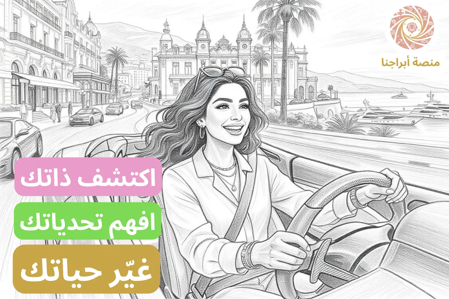 امرأة عربية واثقة تقود سيارة فيراري في موناكو، مع ثلاث خطوات للتحول الشخصي: اكتشفي ذاتك، افهمي تحدياتك، غيّري حياتك — منصة أبراجنا للوعي الذاتي