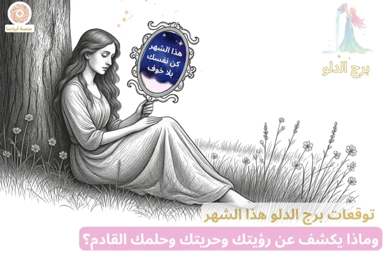 امرأة تحمل مرآة فلكية بداخلها جملة برج الدلو «هذا الشهر كن نفسك بلا خوف» — توقعات برج الدلو هذا الشهر في أبراجنا