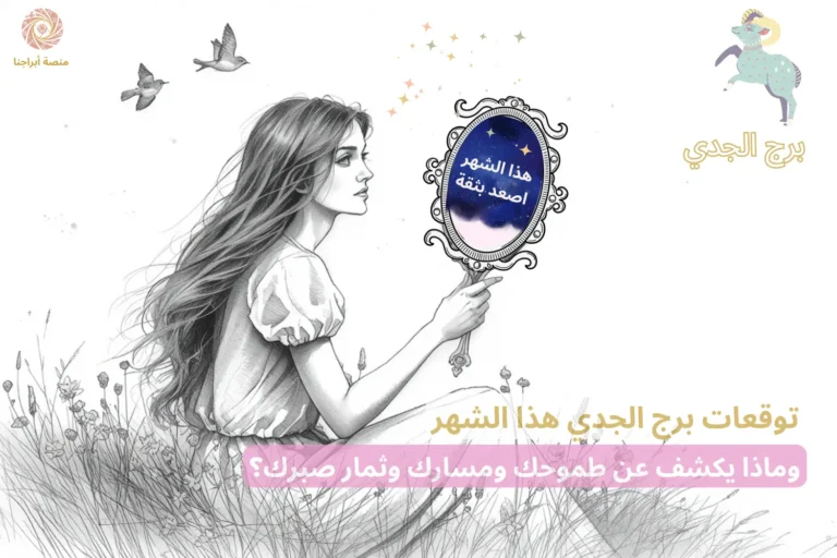 امرأة تحمل مرآة فلكية بداخلها جملة برج الجدي «هذا الشهر إصعد بثقة » — توقعات برج الجدي هذا الشهر في أبراجنا