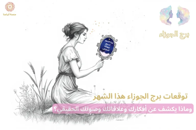 امرأة تحمل مرآة فلكية بداخلها جملة برج الجوزاء «الفضول يحرّكني» — توقعات برج الجوزاء هذا الشهر في أبراجنا