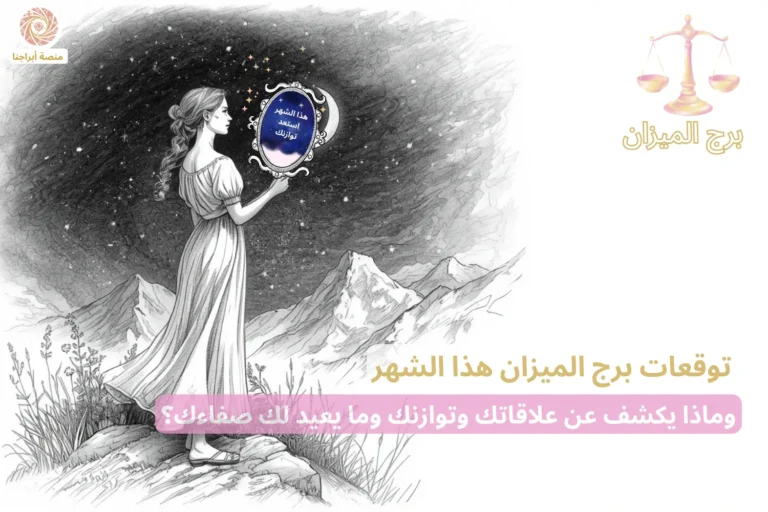 امرأة تحمل مرآة فلكية بداخلها جملة برج الميزان «هذا الشهر إستعد توازنك » — توقعات برج الميزان هذا الشهر في أبراجنا