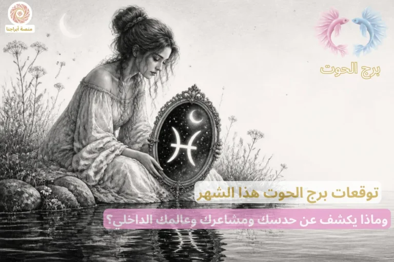 امرأة تحمل مرآة فلكية بداخلها رمز برج الحوت — توقعات برج الحوت هذا الشهر في أبراجنا