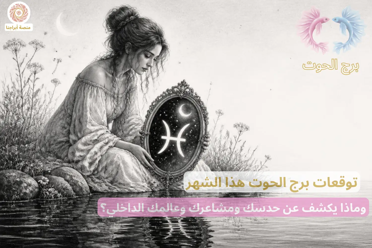 امرأة تحمل مرآة فلكية بداخلها رمز برج الحوت — توقعات برج الحوت هذا الشهر في أبراجنا