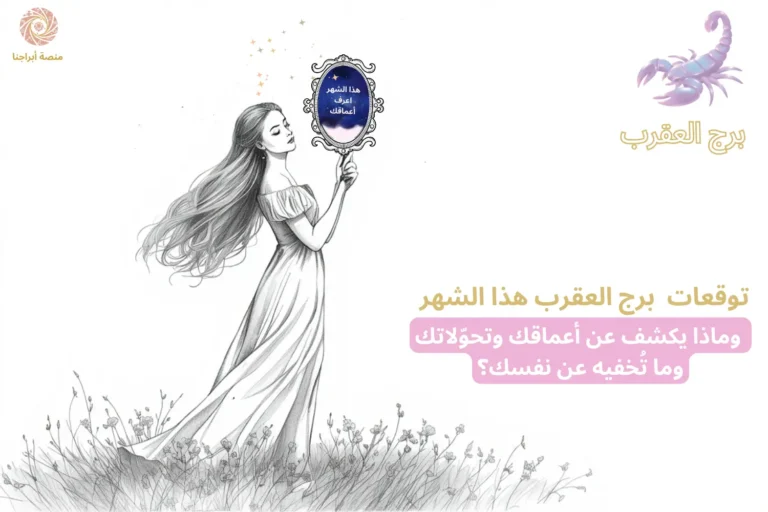 امرأة تحمل مرآة فلكية بداخلها جملة برج العقرب «هذا الشهر إعرف أعماقك» — توقعات برج العقرب هذا الشهر في أبراجنا
