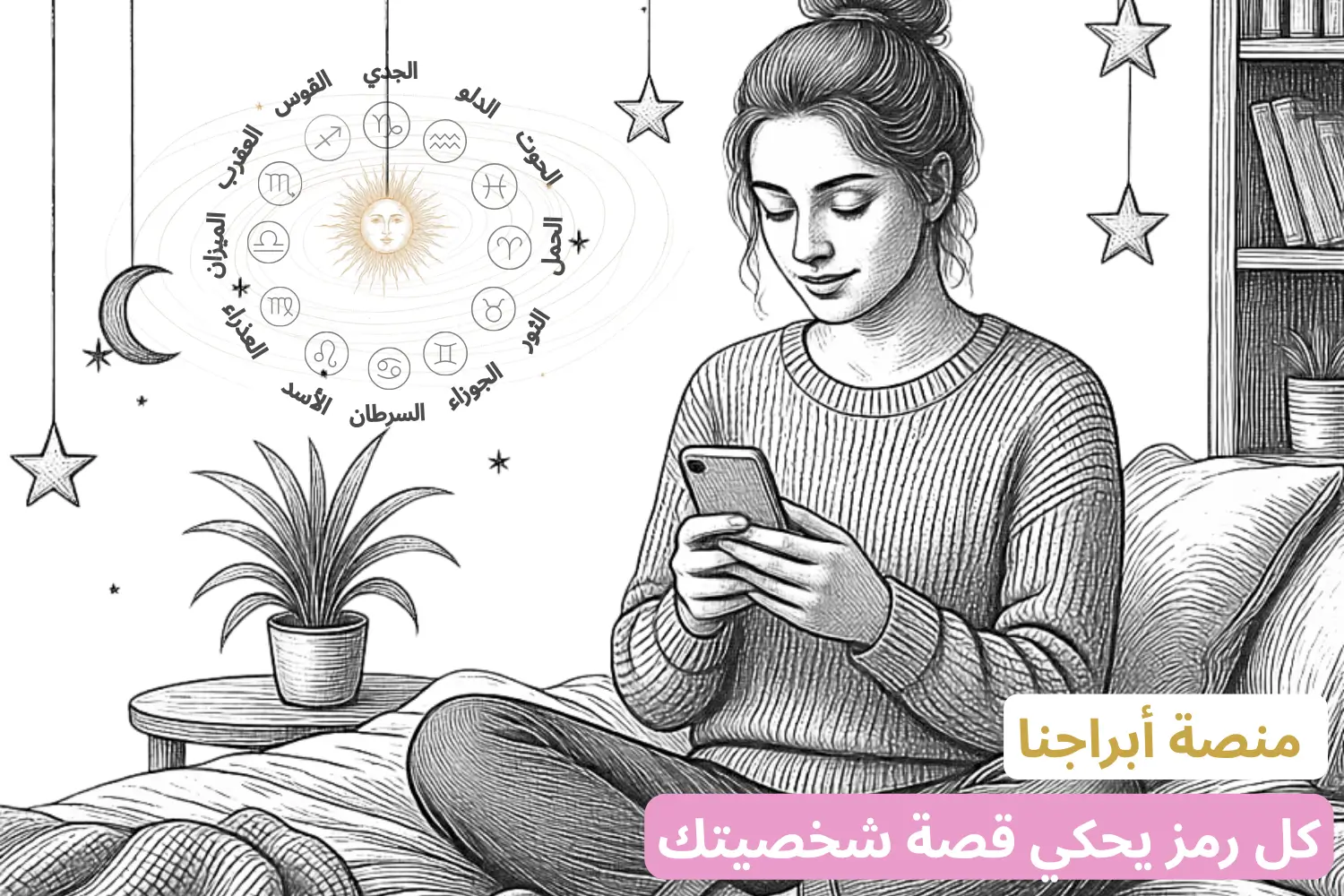 امرأة تجلس وتنظر إلى هاتفها بجانب عجلة الأبراج الفلكية الـ 12، محاطة بالنباتات والكتب والنجوم والقمر في رسم خطي بأسلوب كلاسيكي