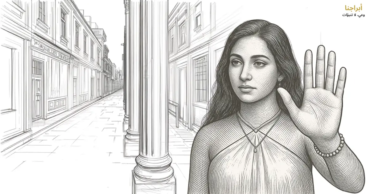 النمط التجنّبي في التعلّق — امرأة ترفع كفّها لتحفظ مسافتها