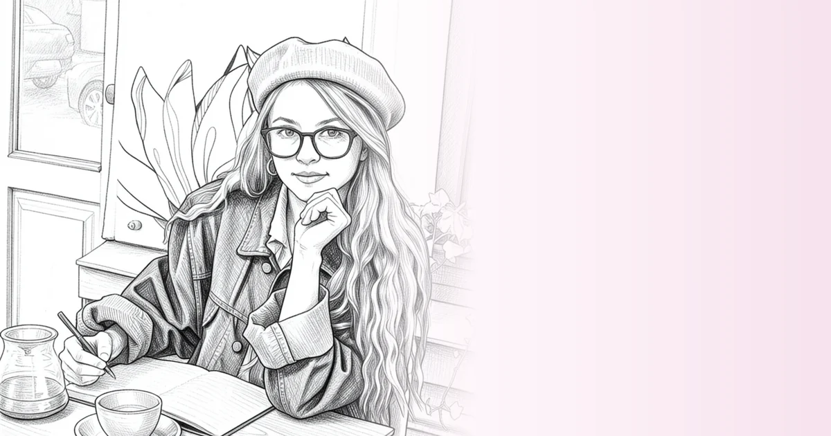 امرأة مرسومة بالقلم الرصاص تجلس في مقهى أمام دفتر وفنجان قهوة وتتأمل يومها — توقعات الأبراج اليوم في أبراجنا، قراءة نفسية لا تنبؤات